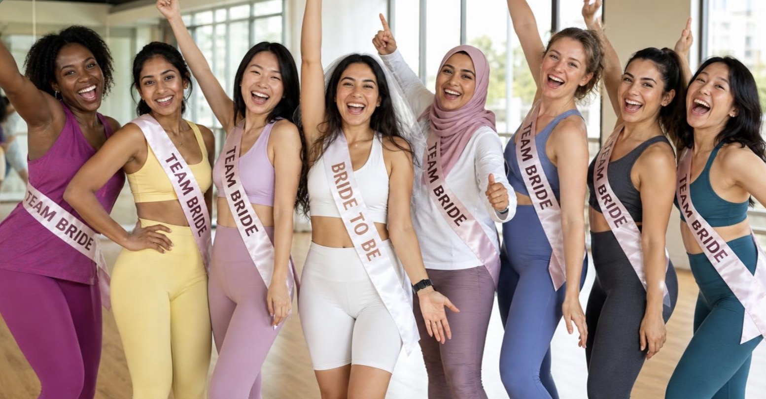 A hen party group celebrating together with Bride to Be sashes in a bright studio