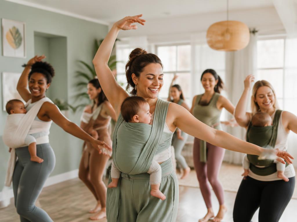 Mothers dancing with their babies in soft fabric slings in a bright, welcoming studio