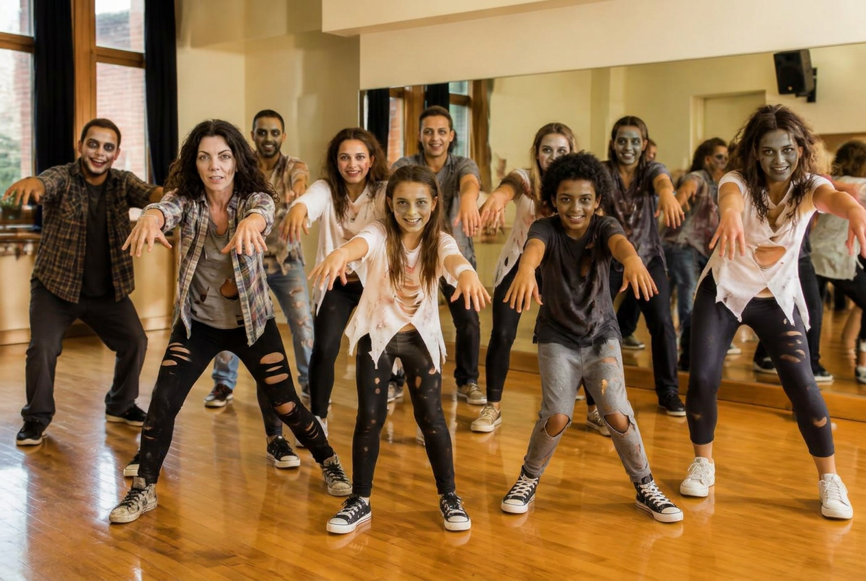 Natasha and a group of dancers in zombie makeup performing the Thriller routine in a studio