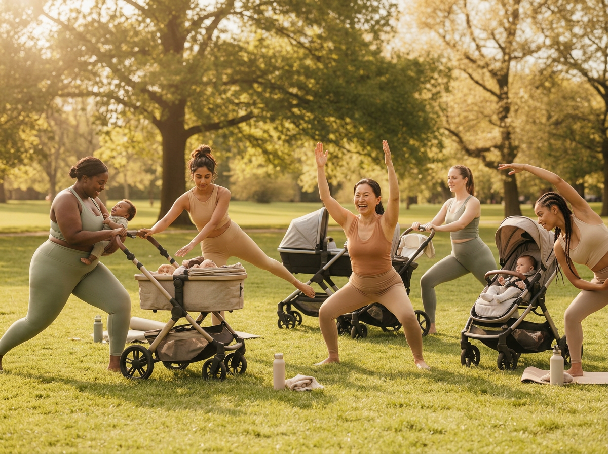 Pram Pilates session outdoors with pushchairs in Clifton, Bristol