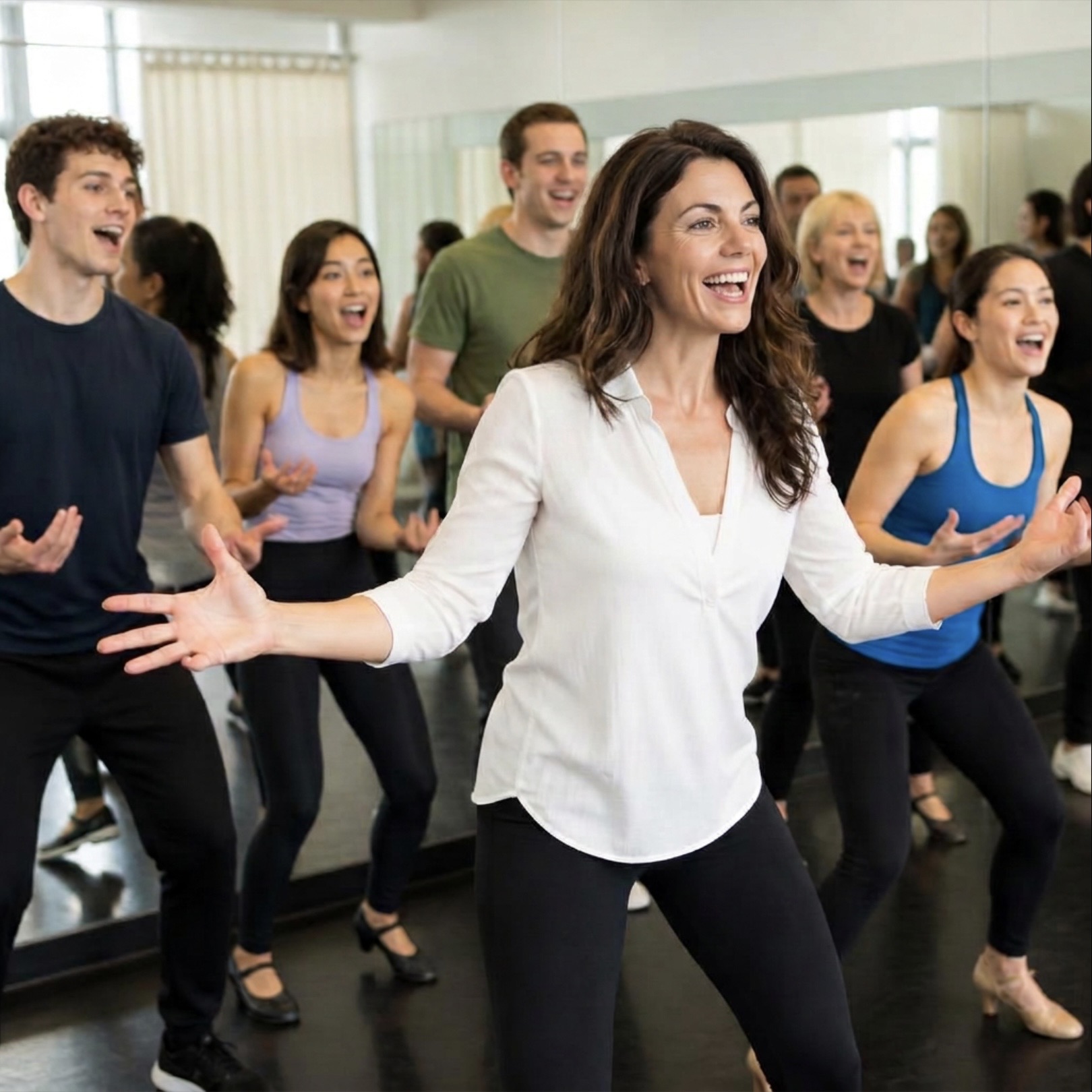 A fun group dance class with Natasha leading smiling adults in a bright studio