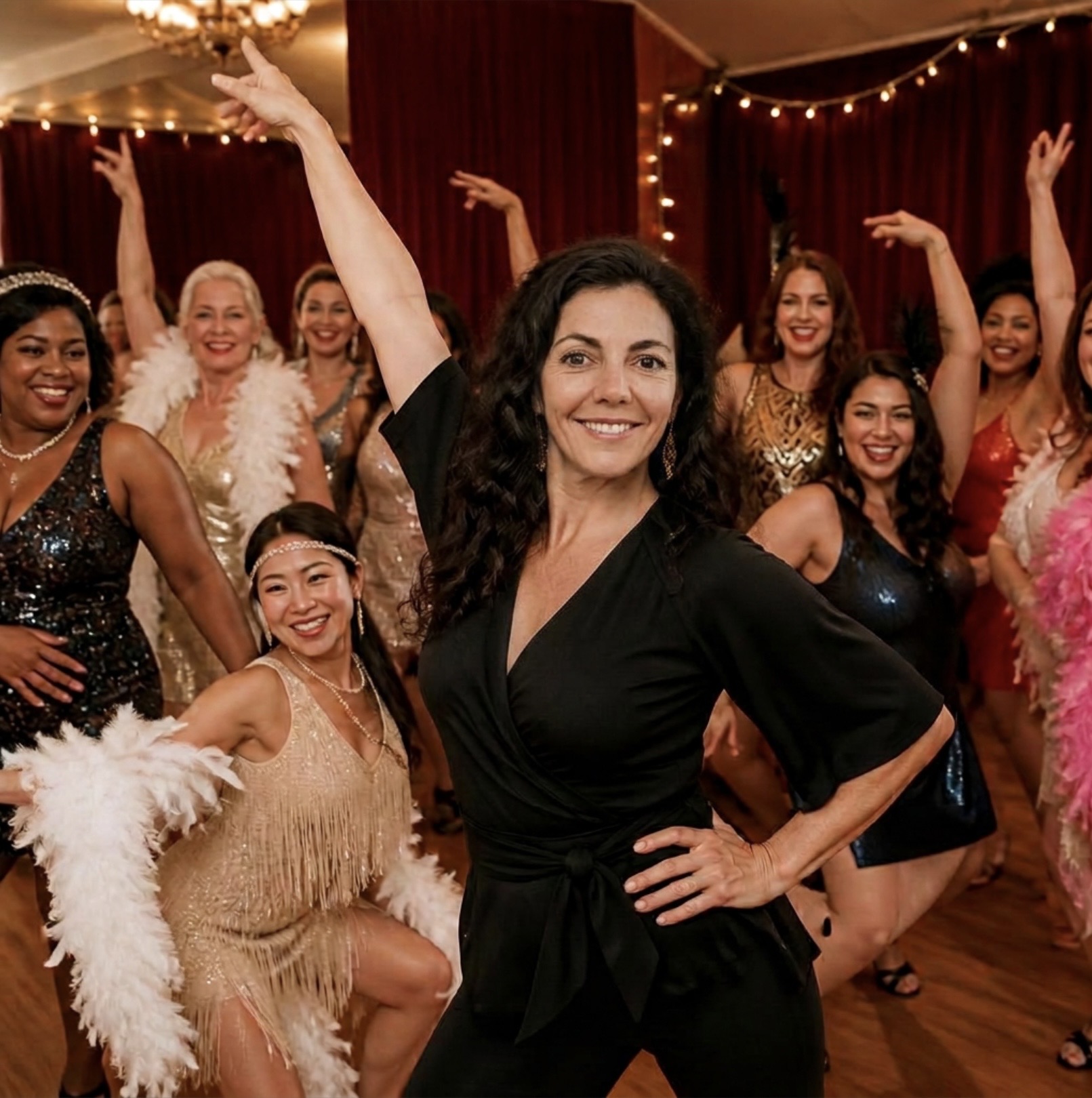 Natasha leading a burlesque class — a joyful group of women in sequins and feather boas dancing in a cabaret-style room