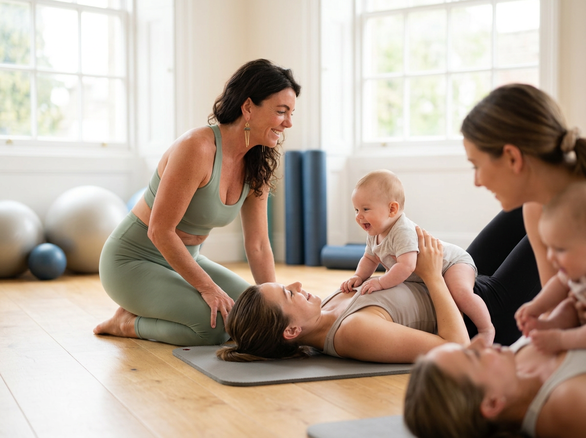 Mum and baby Pilates class in a warm studio