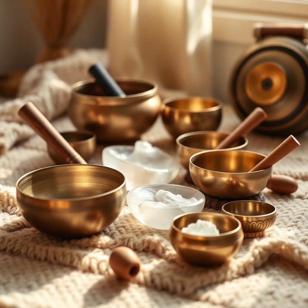 Singing bowls and chimes laid out for a sound bath