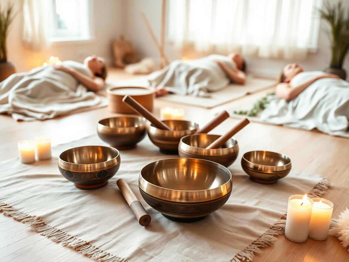 Singing bowls laid out as guests rest under blankets during a sound bath