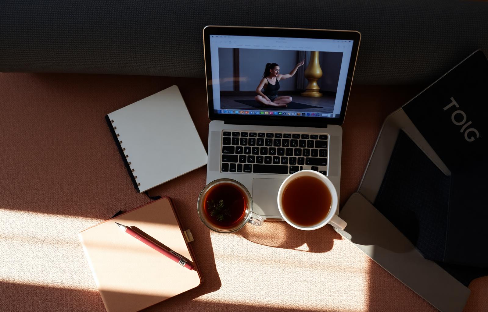 An open laptop with a movement video, journal and tea — practising at home