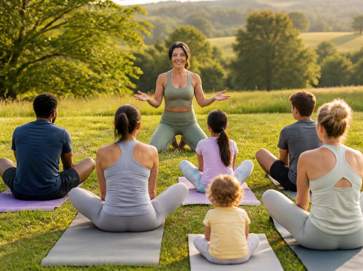 Natasha teaching a family yoga class outdoors in nature