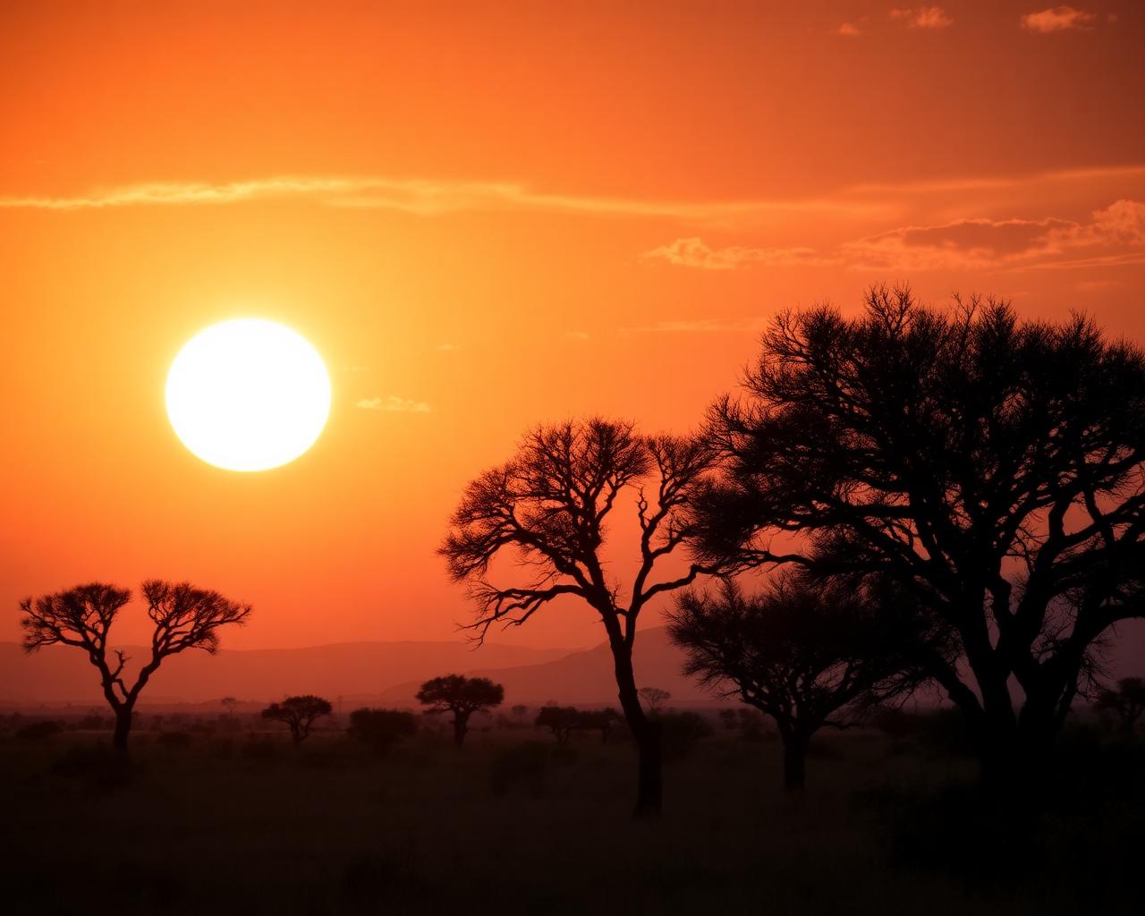 African savannah at sunset with acacia trees silhouetted