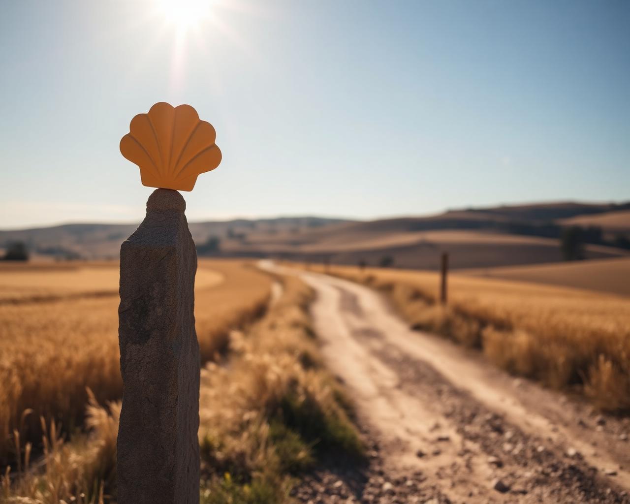 Yellow scallop shell waymarker on the Camino path