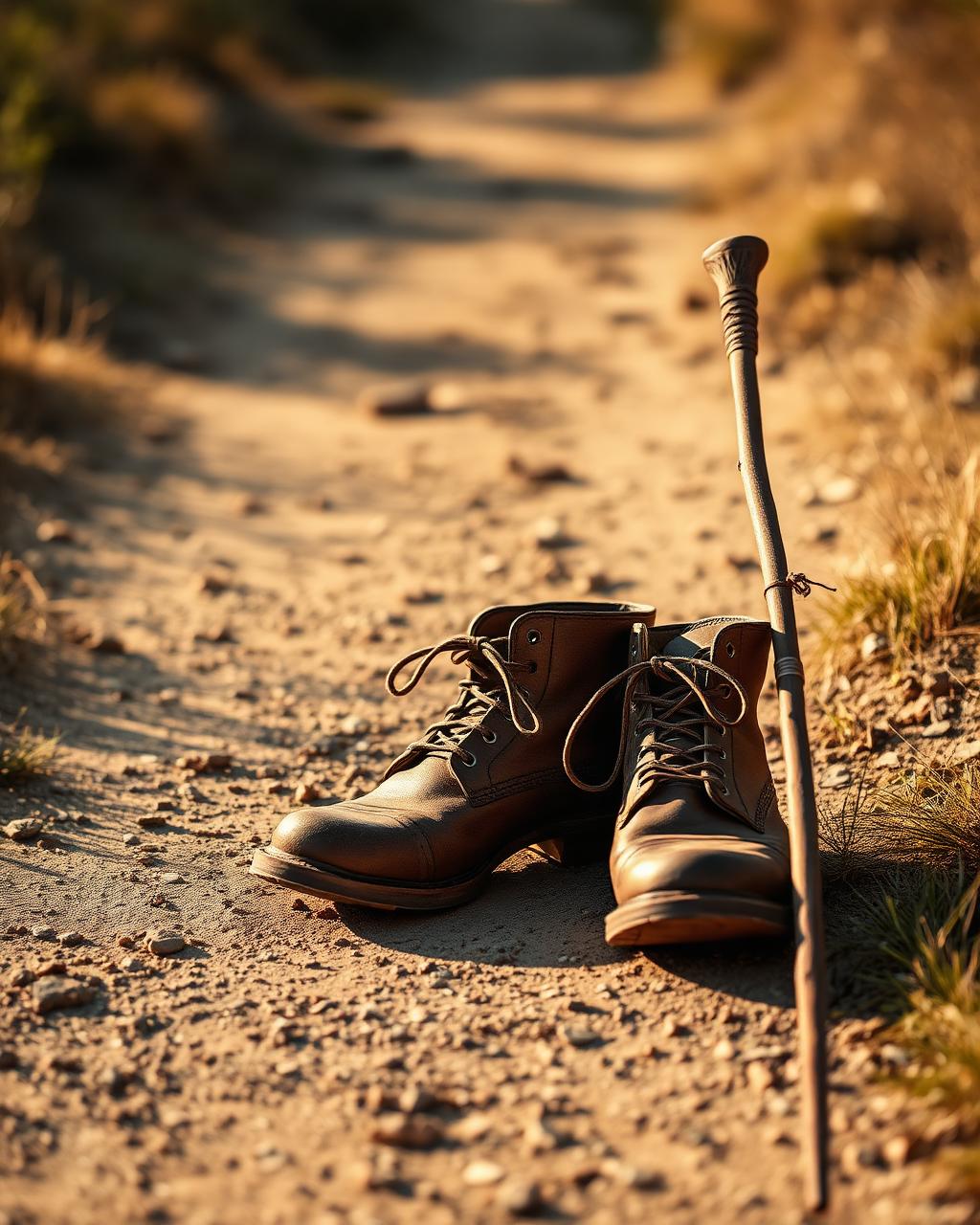 Worn leather hiking boots resting on the Camino trail