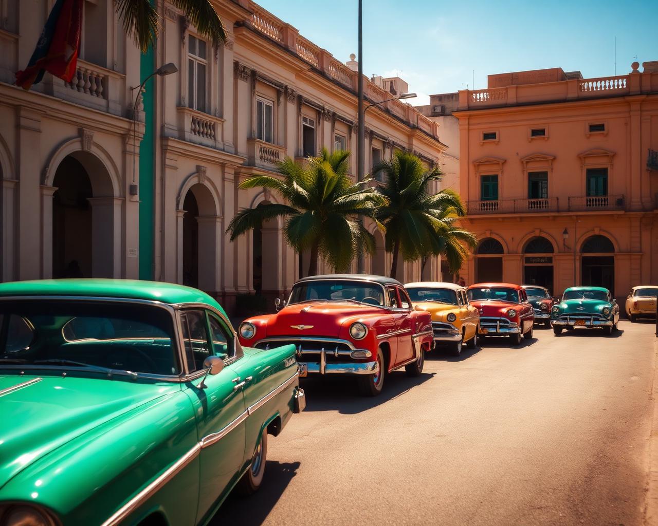 Colourful vintage Cuban classic cars on a Havana street