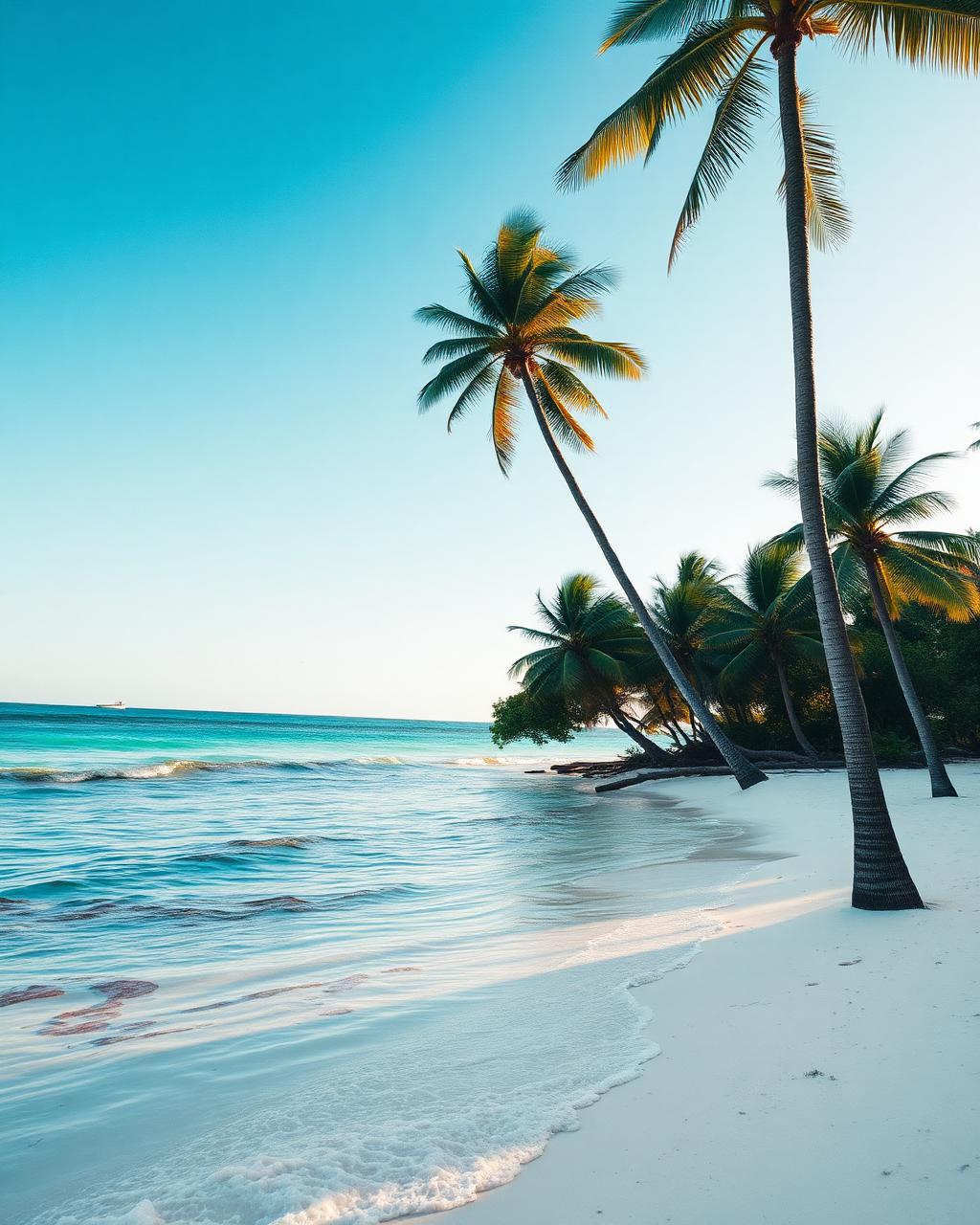 Turquoise Caribbean beach with leaning palm trees