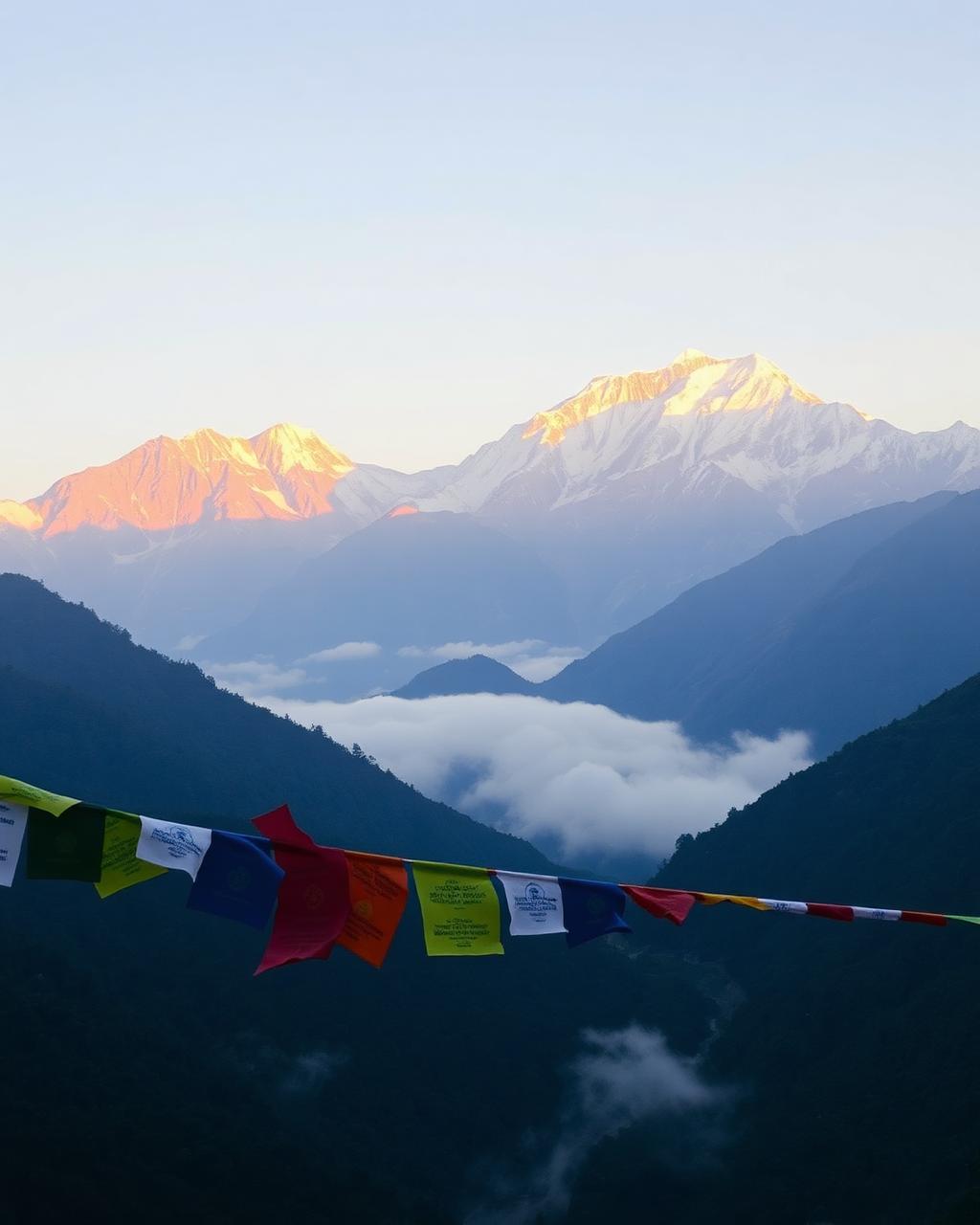Snow-capped Himalayan peaks at sunrise with prayer flags