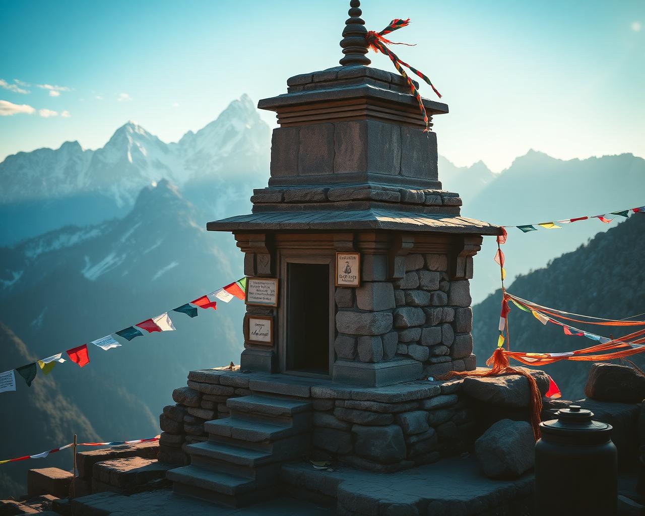 Ancient stone Shiva temple high in the Himalayan mountains