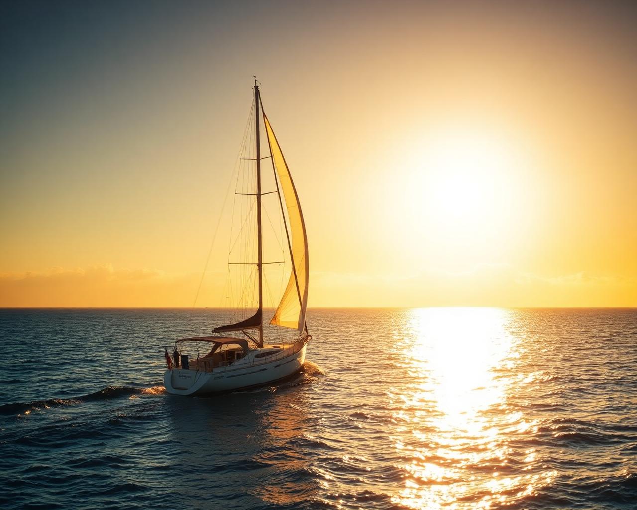 Sailboat at sunset on the open ocean