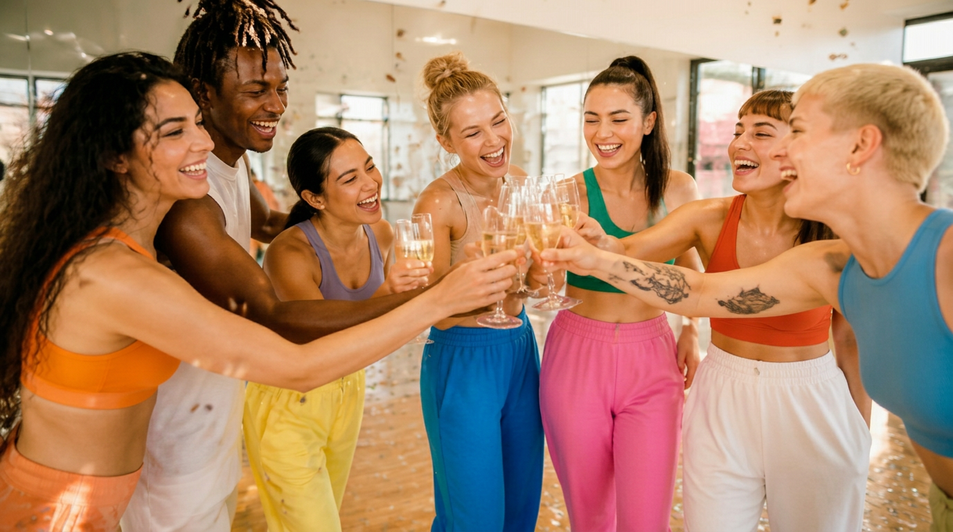 A group of friends toasting with champagne after a dance class
