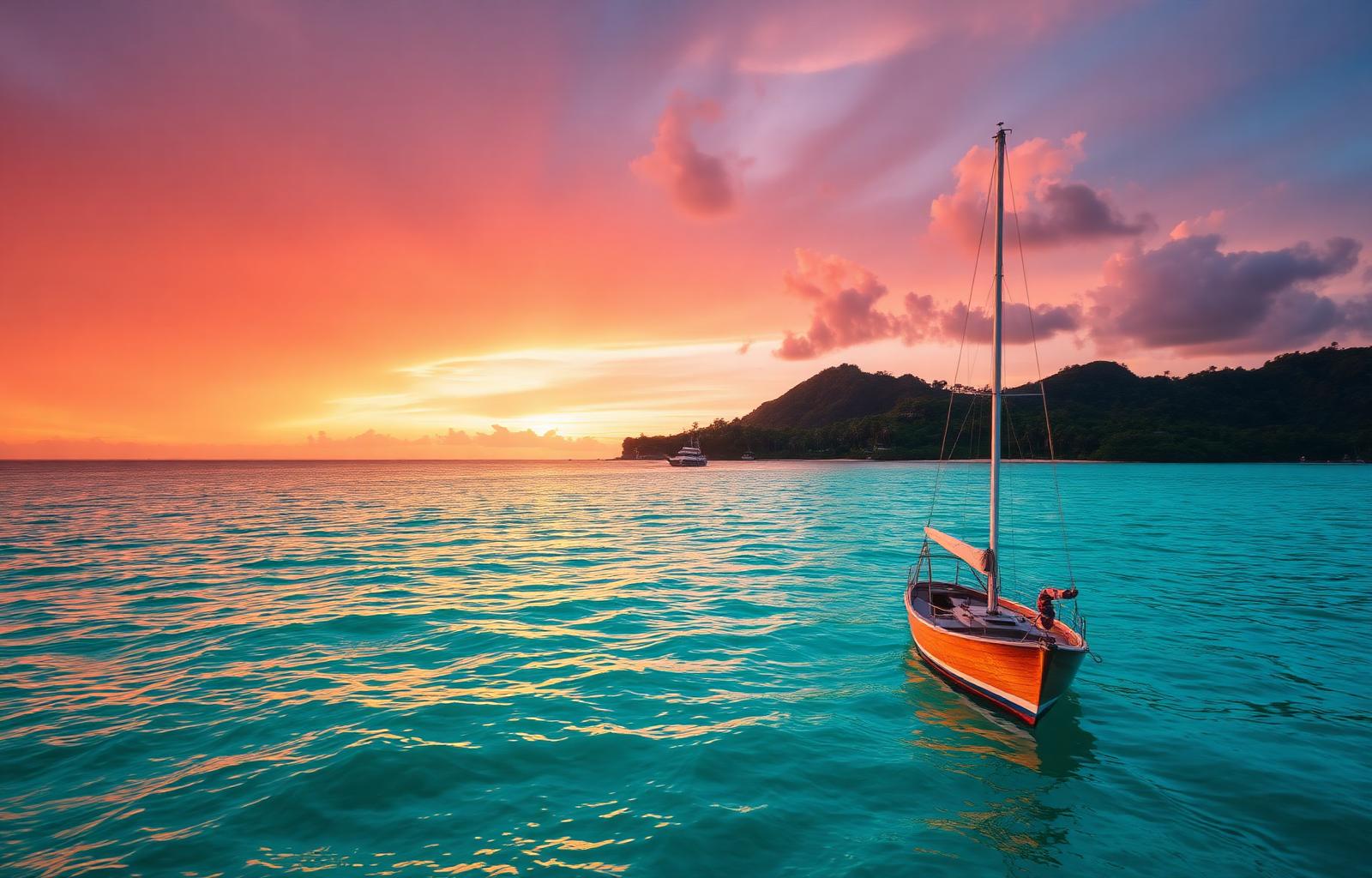 A small sailboat on turquoise tropical water at sunset