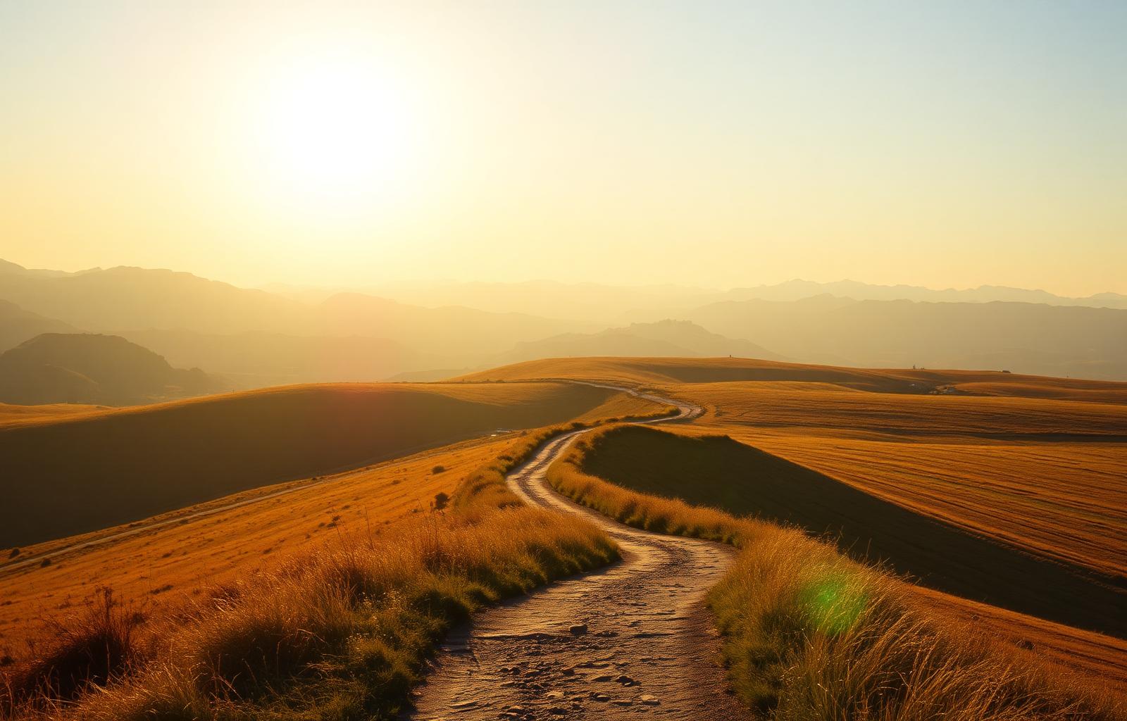A winding path through golden hills at sunrise